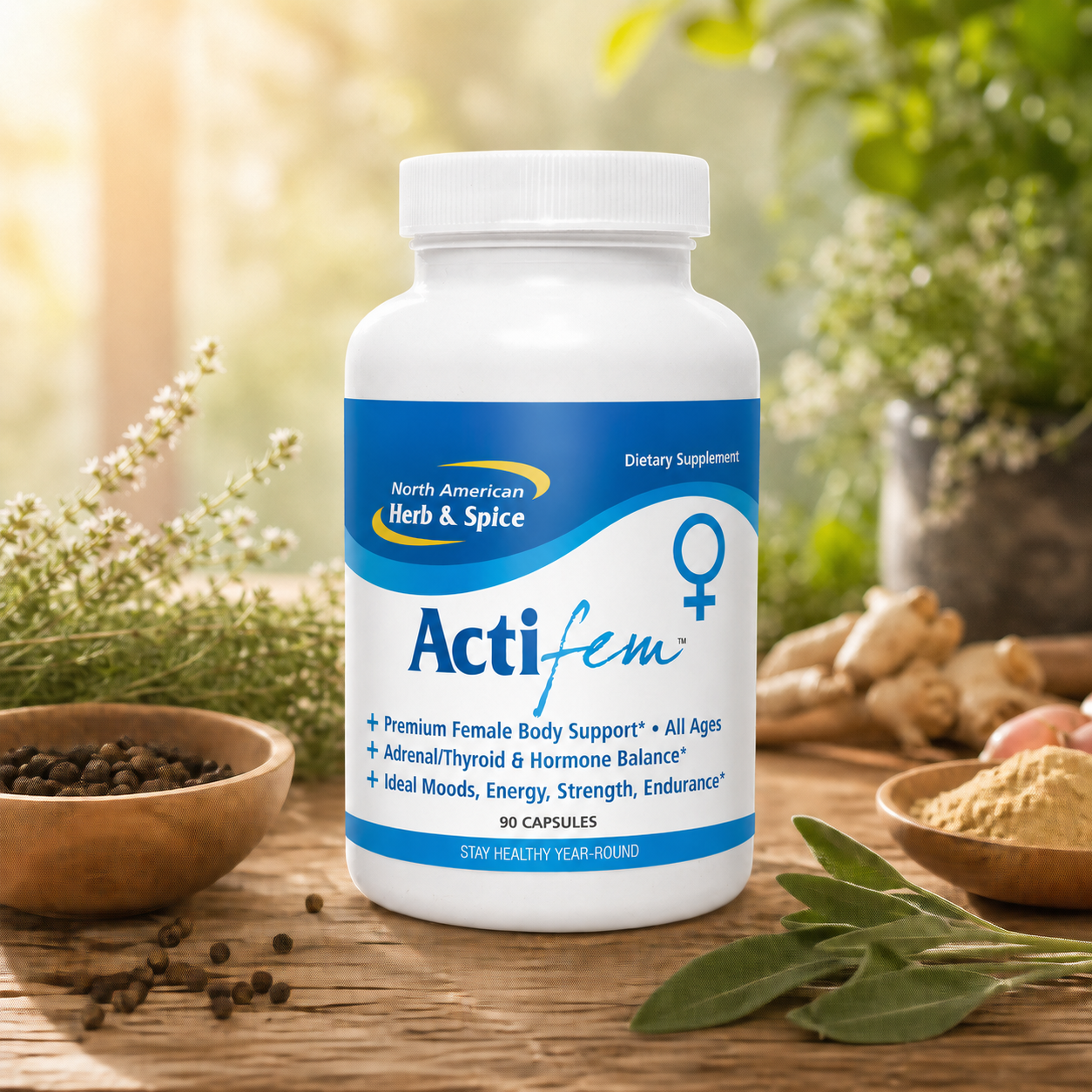 Actifem supplement bottle with herbs on a rustic wooden table.